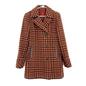 Abrigo de lana pata de gallo negro y óxido Cole Haan con ribete de cuero para mujer 6 - Imagen 1 de 6