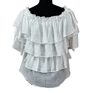 Umgee weißes schulterfreies Boho Stufen Gaze Rüschen Top Gr. M - Bild 1 von 6