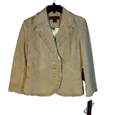 Chaqueta de gamuza recortada Margaret Godfrey para mujer talla 10 con volantes forrada en tostado NUEVA Foto 1 de 4