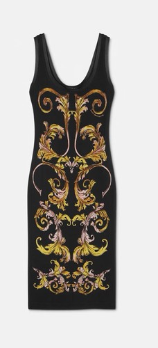 Versace Jeans Couture Outline Barocco Slip Abito Midi Nero e Oro Taglia 36