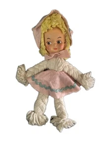 Vintage Crocheted Doll Girl Plastic 2 Sided Face Pink Whit dress bonnet 13"  - Picture 1 of 7