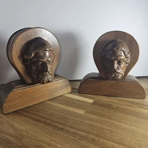 Vintage Walnut Wood Book Ends Hand Carved Face - Picture 1 of 11