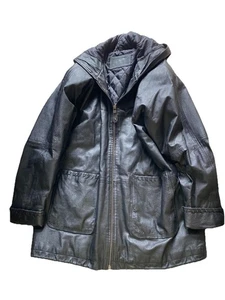 Vintage Jacqueline Ferrar Coat Boxy Leather Large Hooded Womens Black Unisex - Picture 1 of 9