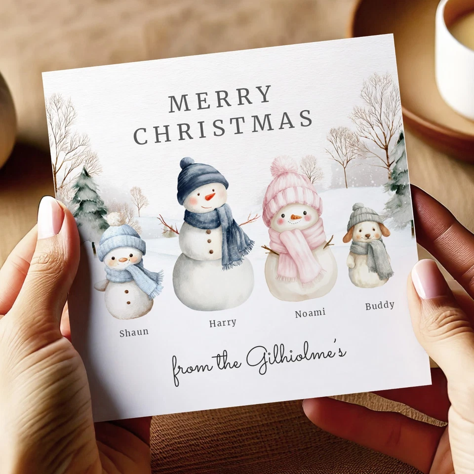 Personalised Snowmen Family Christmas Card - with up to 6 family members - Image 1 of 4
