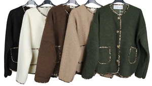 New Winter Ladies Italian Warm Layering Leopard Trim 2 pockets Boucle Jacket - Picture 1 of 6