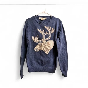 H&M L.O.G.G. Rentier Elch Strick Pullover Nordic Winter Urlaub Blau Wollmischung S - Bild 1 von 4
