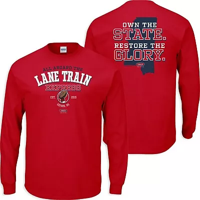 OLE MISS REBELS LANE TRAIN EXPRESS T-SHIRT L/S ALL ABOARD RED OWN THE STATE  - Image 1 of 4