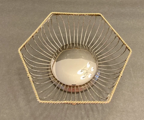 Vintage Silver With Gold Braid Trim Bread/fruit Basket Wire Hexagon Shape Cover