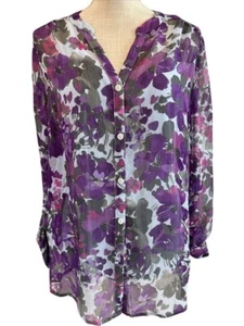 Blusa floral transparente con botones Covington púrpura y verde para mujer XL - Imagen 1 de 12