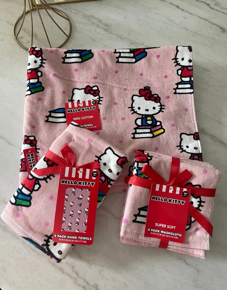 Juego de 4 toallas de baño y mano Hello Kitty - Libros de regreso al cole - Nuevo con etiquetas Sanrio Foto 1 de 4