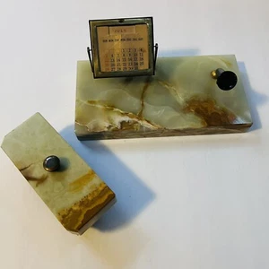 Desk Set Green Onyx Blotter Pen Holder with Calendar Vintage - Picture 1 of 12