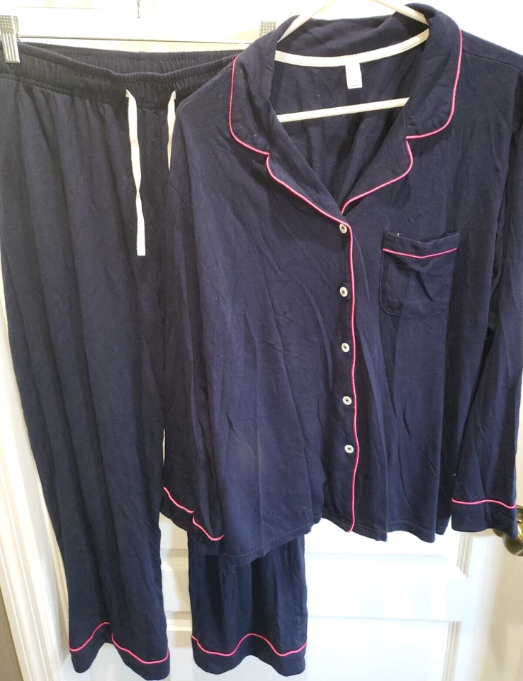 womens 2 pc WINTER PAJAMAS dark blue pink trim size XL 10/12 BUTTONS super cond! - Image 1 of 1