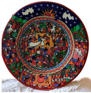 Mexican Clay Folk Art 12" Plate Bride Groom Wedding Bull Fighting Hand Painted - Picture 1 of 5