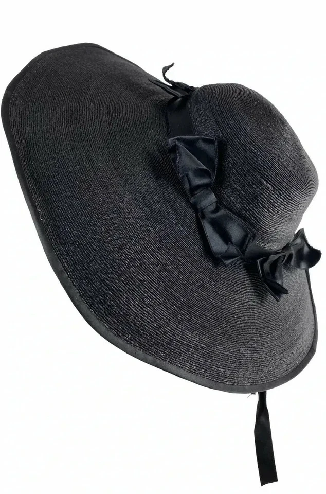 Rose Descat 20 世纪 30 年代复古黑色丝绸蝴蝶结和草宽边帽 — 第 1/4 张图片