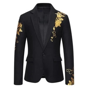 Men Paisley Floral Gold Bronzing Blazer Business Wedding Slim Formal Suit Jacket - Picture 1 of 17