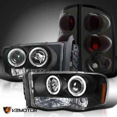 Fits 2002-2005 Dodge Ram Black LED Halo Projector Headlights+Smoke Tail Lamps Foto 1 de 4