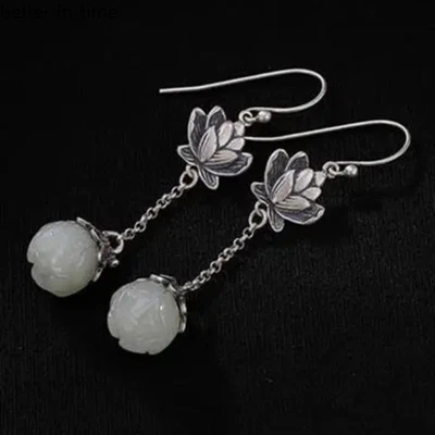 Pendientes de loto de jade blanco hetiano natural retro chino para mujer joyería de plata Foto 1 de 4