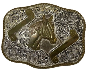 VTG Crumrine HORSE & SCROLL Western Cowboy Gold/SilverTONE METAL Belt Buckle USA - Picture 1 of 16