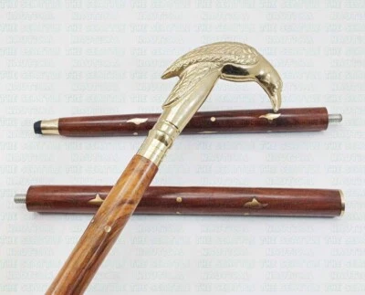 Bastón de madera marrón con mango de cuervo dorado hecho a mano regalo para padre Foto 1 de 4