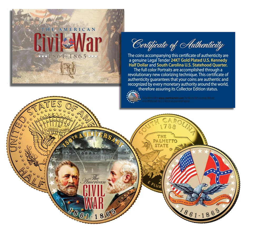 American CIVIL WAR 24K Gold Plated Quarter SC & JFK Half Dollar U.S. 2-Coin Set - Image 1 of 1
