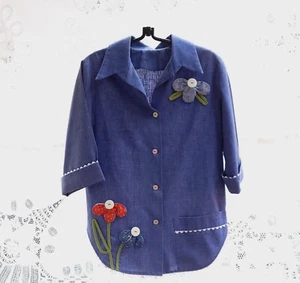 VTG Little House Women's Appliqued Chambray Button Down Shirt Duster Scallop Hem - Picture 1 of 12