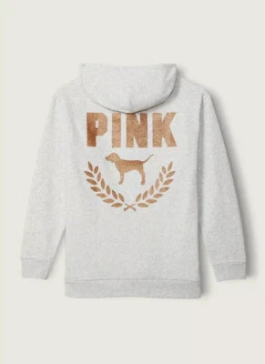 Victoria's Secret ROSA Bling Campus Pullover Sudadera con Capucha Gris Jaspeado Dorado Perro XS S M Foto 1 de 4