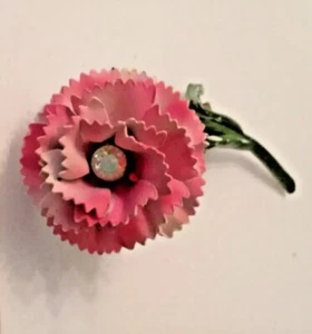 Spilla garofano rosa vintage gambo lungo, spilla cristallo rosa caldo fiore primavera - Foto 1 di 5