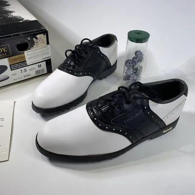 Footjoy Greenjoy 45492 男式白色黑色皮革高尔夫鞋钉鞋美国尺码 7.5 M — 第 1/4 张图片