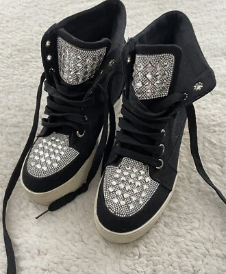 Platform Sneakers Women’s Size 7 Lace Up Black/Silver Rhinestones - Image 1 of 4