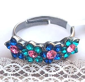 Michal Negrin Ring Tennis Blue Pink Dainty Floral Band Silver Crystals Gift New