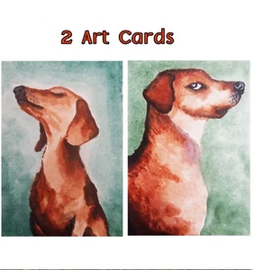 Set 2 ACEO Art Cards DOG artist signed Painting Miniature Ooak Acrylic - Picture 1 of 7