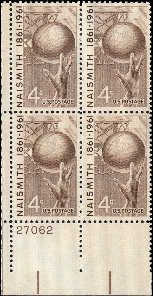 US Scott # 1189, Naismith : Basketball, Plate Block of (4) 1961 4¢ Stamps, MNH - Image 1 of 1