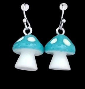 Handcrafted BLUE MUSHROOMS Dangle Earrings Women HYPOALLERGENIC LOOPS + STOPPERS - Picture 1 of 24