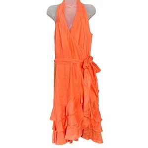 Lauren Ralph Lauren Dress Women 14 Peach Linen Wrap Ruffle Hem Sleeveless Pastel - Picture 1 of 9