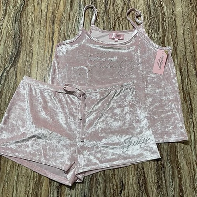 Juicy Couture Pajama Set Pink Velvet Women’s Large Cami Top & Short Logo Lounge - Image 1 of 4