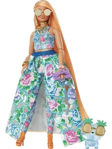 Barbie extra ausgefallene Puppe mit kurviger Form & orangefarbenen Haaren Blumenkleid & Haustier Kätzchen - Bild 1 von 3