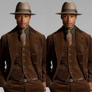 De colección Pana Hombres Trajes Esmoquin Informal Vaquero Chaquetas Blazers Pantalón Chaleco - Imagen 1 de 7