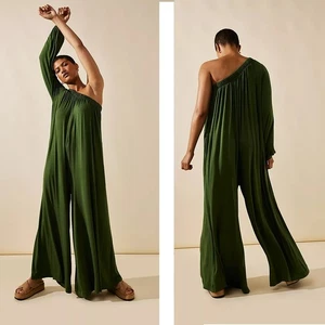 Free People FP Beach Sunday Stroll Jumper Size M Green One Shoulder Wide Leg - Picture 1 of 10