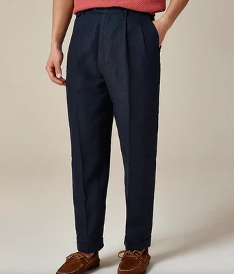 J Crew Relaxed Fit Double Pleated Trouser In Linen Herringbone W30 Navy - Image 1 of 4