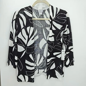 Chicos Cardigan Sweater Size Medium Black White Open Front Leaves 3/4 Sleeve - Picture 1 of 9