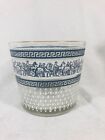 Jeanette Roman clear, blue, white glass ice bucket with Greek warriors 5.25'X 6'