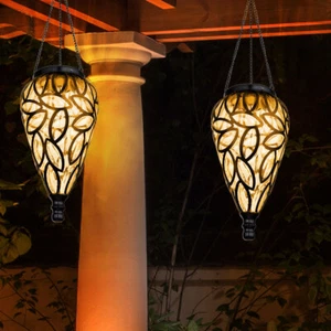 2x Solarlampe Hängeleuchte Außenlampe LED Laterne Gartendeko Balkonlampe schwarz - Bild 1 von 12