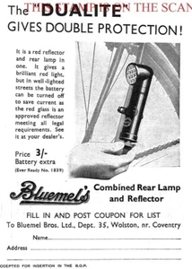 1930s Advert BLUEMELS Combined Rear Cycle Lamp/Reflector Small Print AD 708/175 - Picture 1 of 1