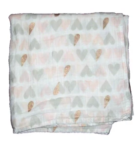 Cloud Island Hearts Copper Gold Pink Gray White Muslin Baby Swaddle Blanket - Picture 1 of 2