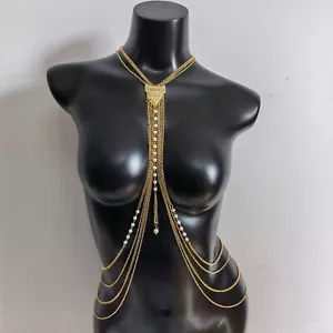 Gold Harness Metal Crossbody Tassel Necklace Bikini Party Bra Chest Body Chain - Picture 1 of 5