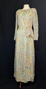Vintage 1970s Adele Simpson Maxi Dress Gold Shimmer Dot P XS/S Chiffon Goddess - Picture 1 of 16