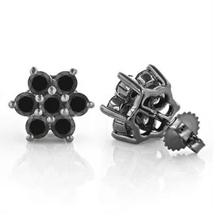 2Ct Round Black Simulated Diamond Floral Cluster Stud Earrings Black Gold Plated - Picture 1 of 3