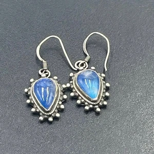 Vintage 925 Sterling Silver Blue Stone Teardrop Earrings Dotted Bezel Set 1.5” - Picture 1 of 14