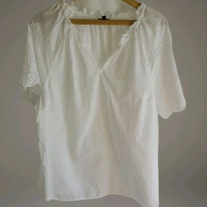 Talbots Damen XL weiß Baumwolle Bluse V-Ausschnitt Shirt Spitze Ösenärmel - Bild 1 von 8