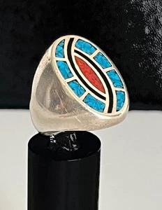 VTG. Signed Heavy Sterling Silver Turquoise + Coral Inlay Size 10.5 Ring 19 Gram - Picture 1 of 8